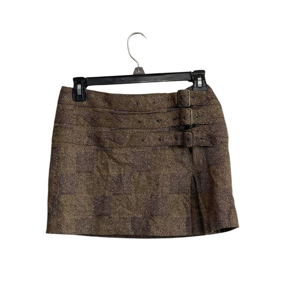 Y2K Vtg Express Micro Mini Skirt Sz XS Wool Silk Buckles Tweed Preppy